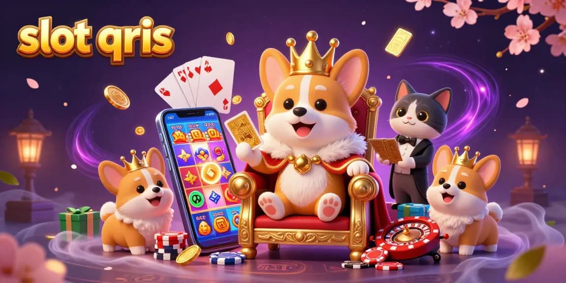 Experience thrilling wins at slot qris with an enchanting scene featuring a corgi king and vibrant casino elements.