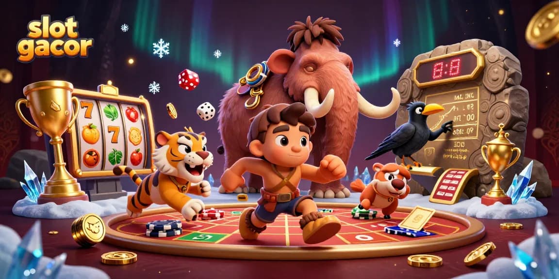 Experience the excitement of slot gacor with prehistoric characters in a dynamic casino scene.