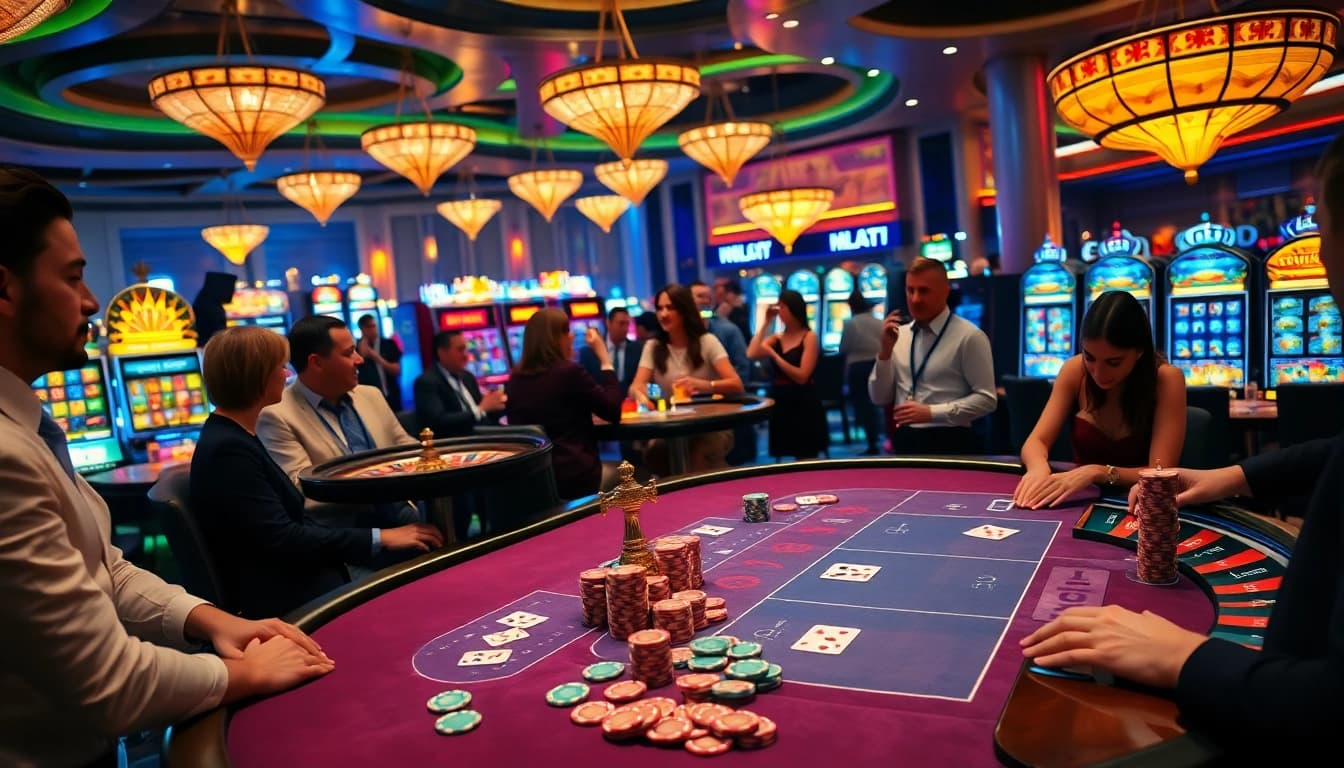 Vue engageante d'un site de casino en ligne luxueux avec des joueurs de poker et des actions de roulette.