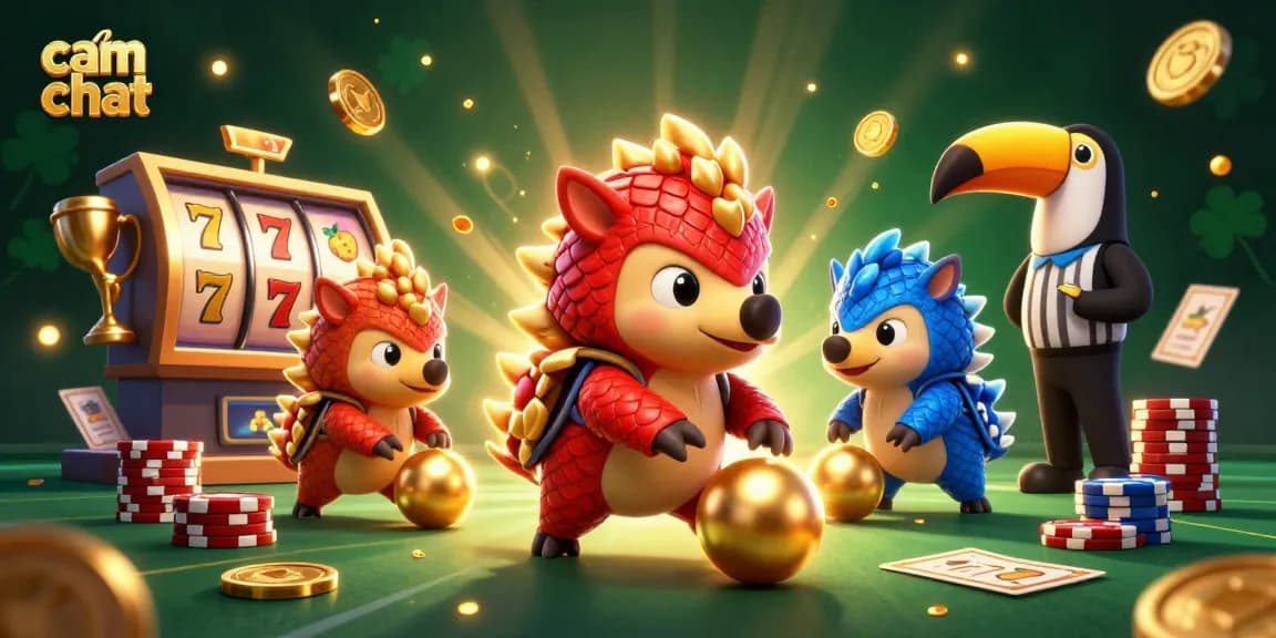 Engage in thrilling cam chat gameplay as pangolins spin slot reels amidst golden casino elements.
