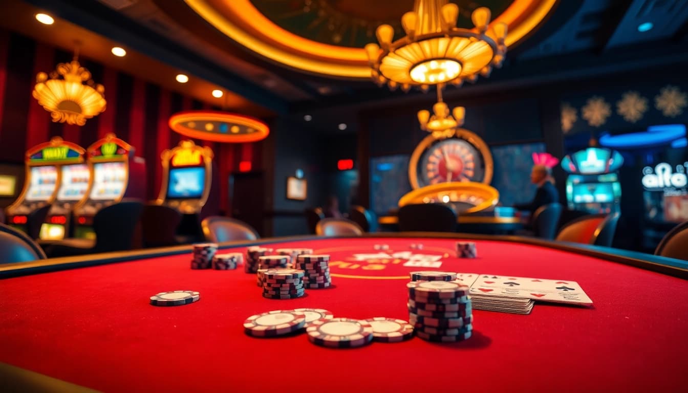 Engaged players at a luxurious MMOO poker table, chips and cards displayed prominently.