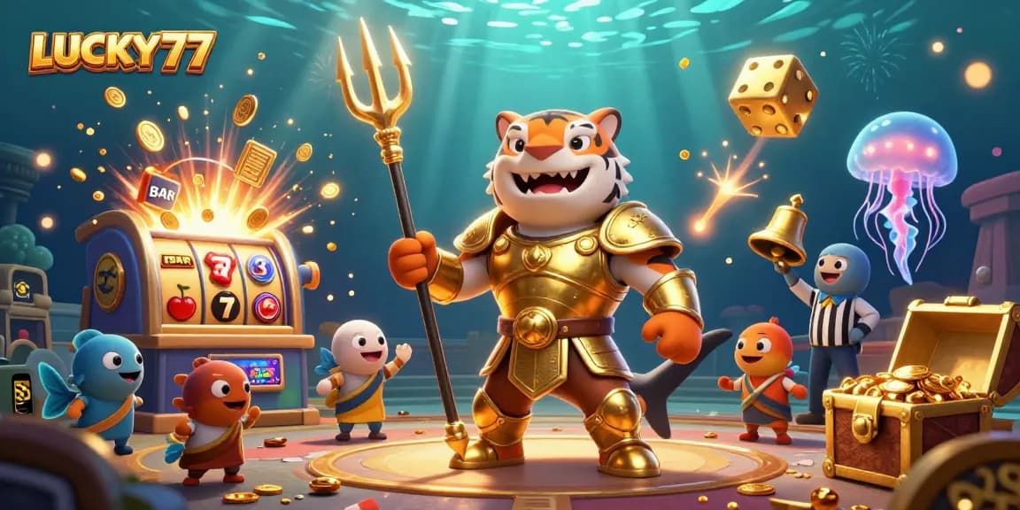 LUCKY77 jackpot scene featuring a tiger shark in gladiator armor, slot machine, and treasure.
