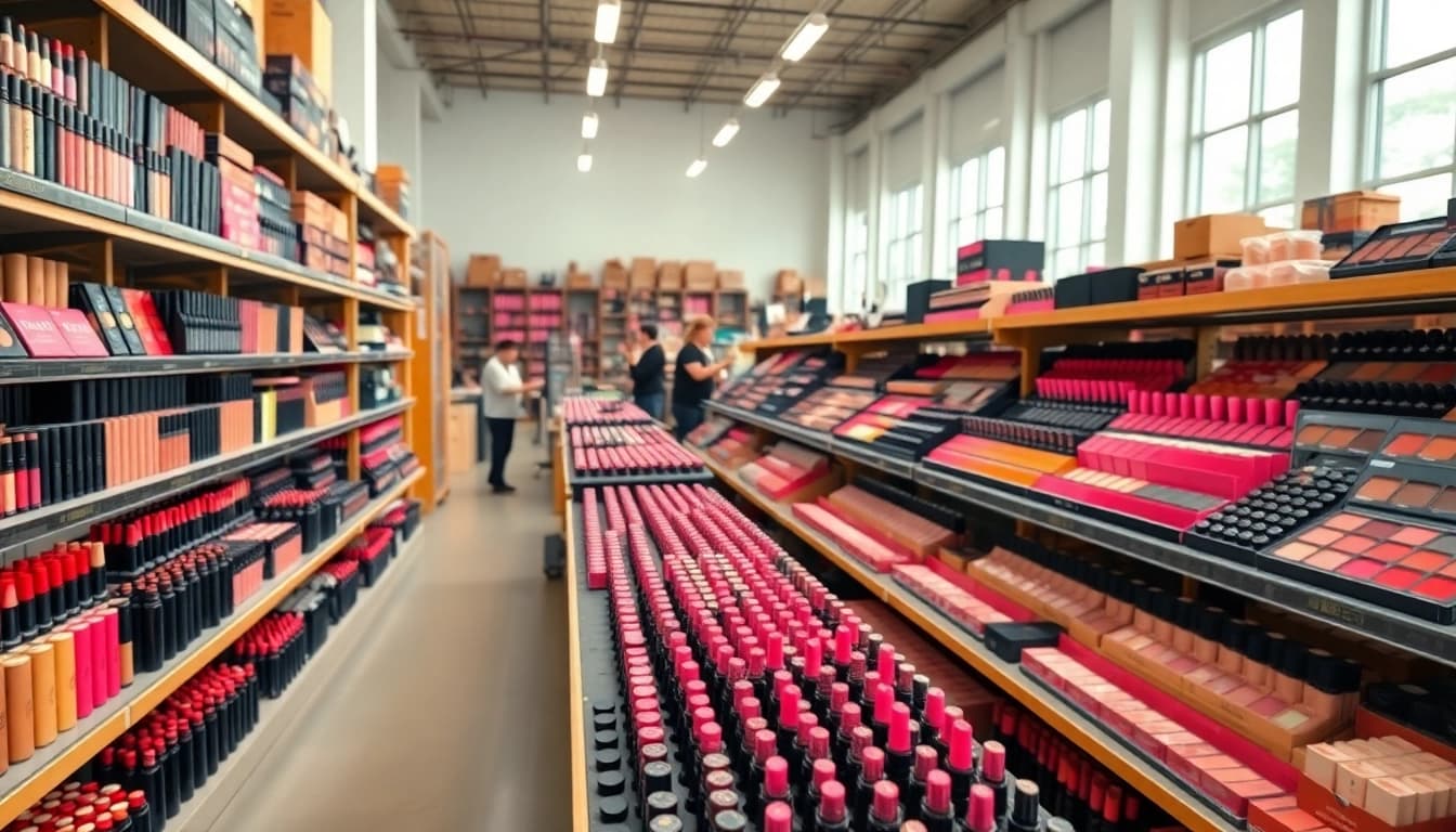 Shop vibrant products from wholesale makeup suppliers in a dynamic and organized warehouse setting.