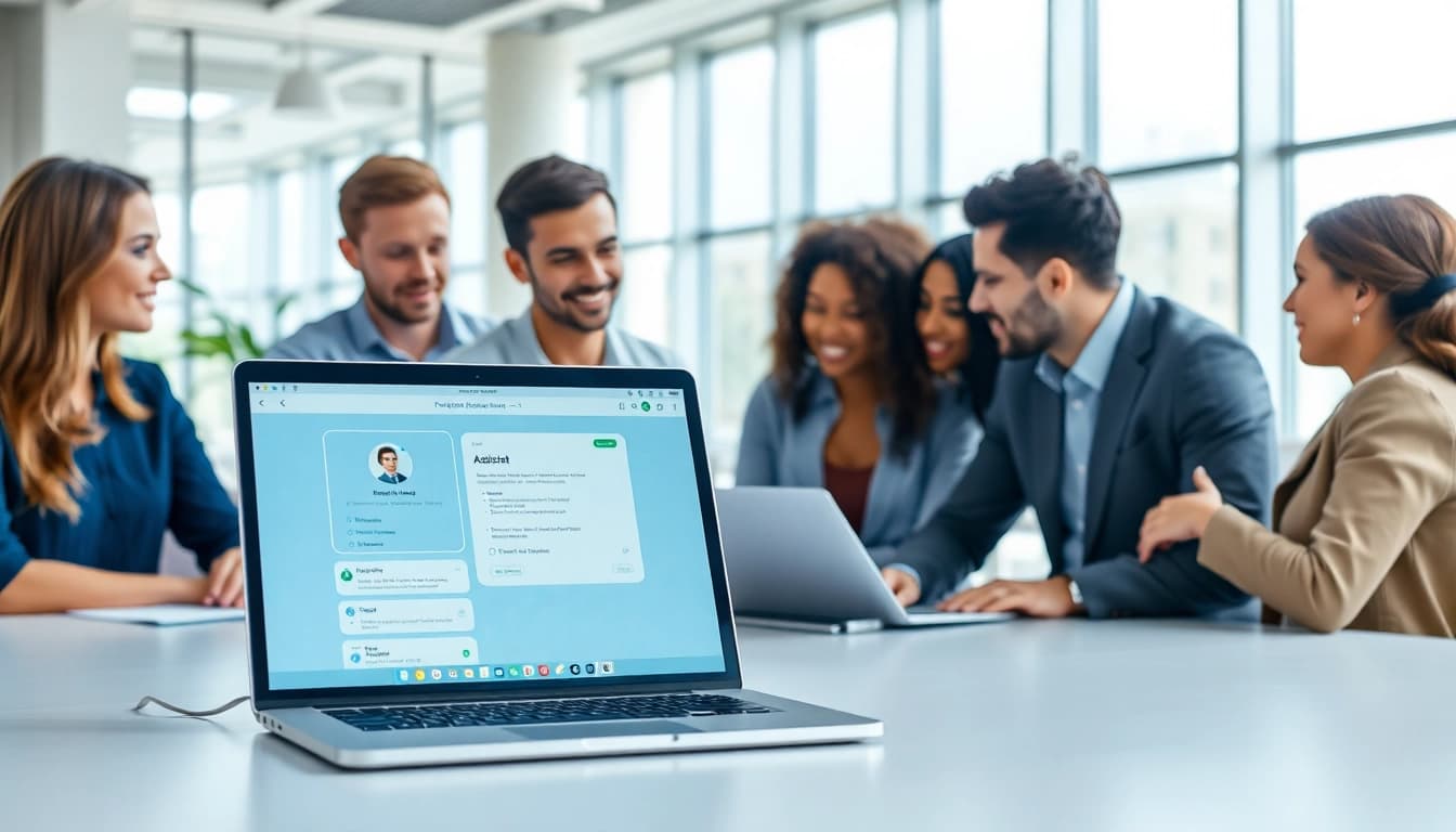 AI assistant for enterprise teams enhancing collaboration in a modern office.