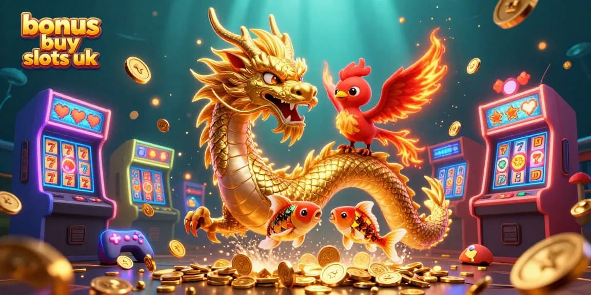 Engaging bonus buy slots UK illustration featuring a dragon, phoenix, koi fish, and slot machine elements.