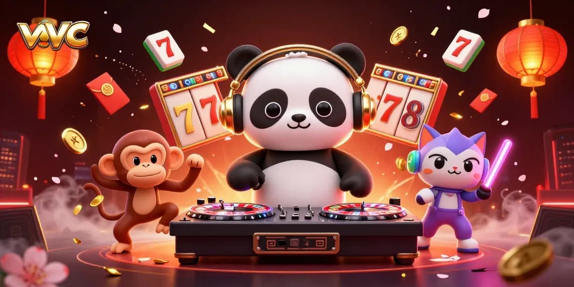 Experience the vibrant energy of mvc at this 3D casino illustration featuring a DJ panda, breakdancing monkey, and kitten in rave gear.