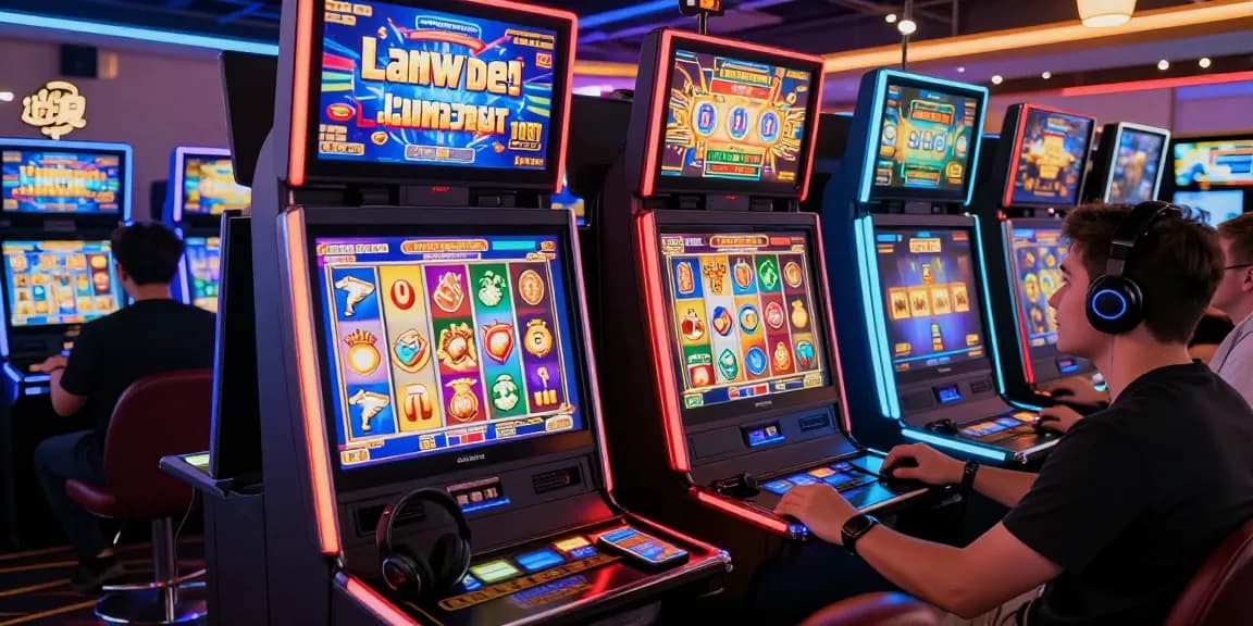 Engaging online gaming scene with players at colorful slot machines, showcasing thrilling slot action.