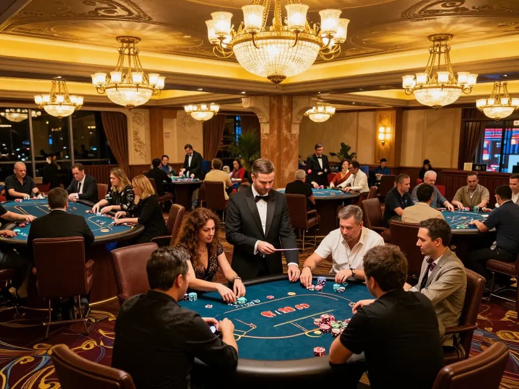 Players engaging in strategic gameplay at Trang chủ MM88's vibrant casino floor with professional dealers overseeing bets.