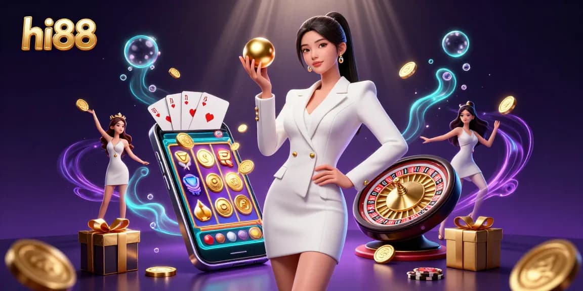 Experience thrilling gaming at hi88 with a confident woman holding a roulette ball amidst vibrant casino elements.