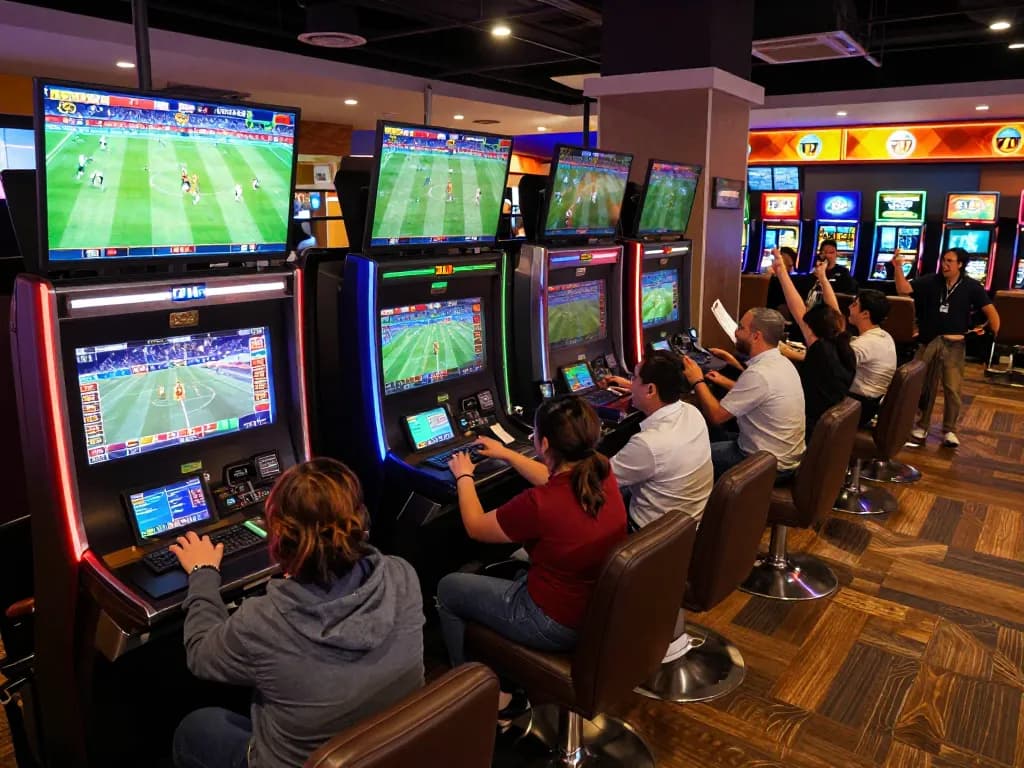 Engaged sports bettors analyzing odds at 7m gaming venue with lively atmosphere.