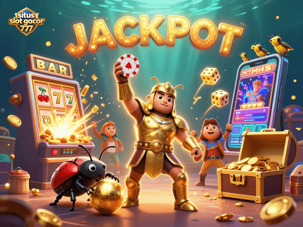 Situs slot gacor 777 showcases a golden-armored beetle celebrating a jackpot victory amidst colorful casino elements.