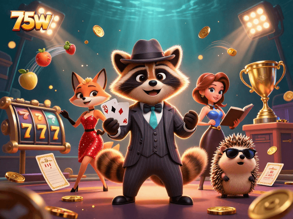 75W ilustra uma cena dinâmica de personagens de cassino com emoção de jogos e prêmios.