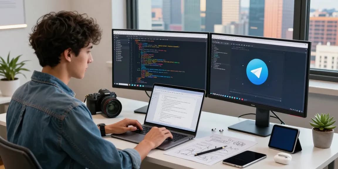 Experience seamless telegram中文版下载 in a modern workspace with engaging tech elements.