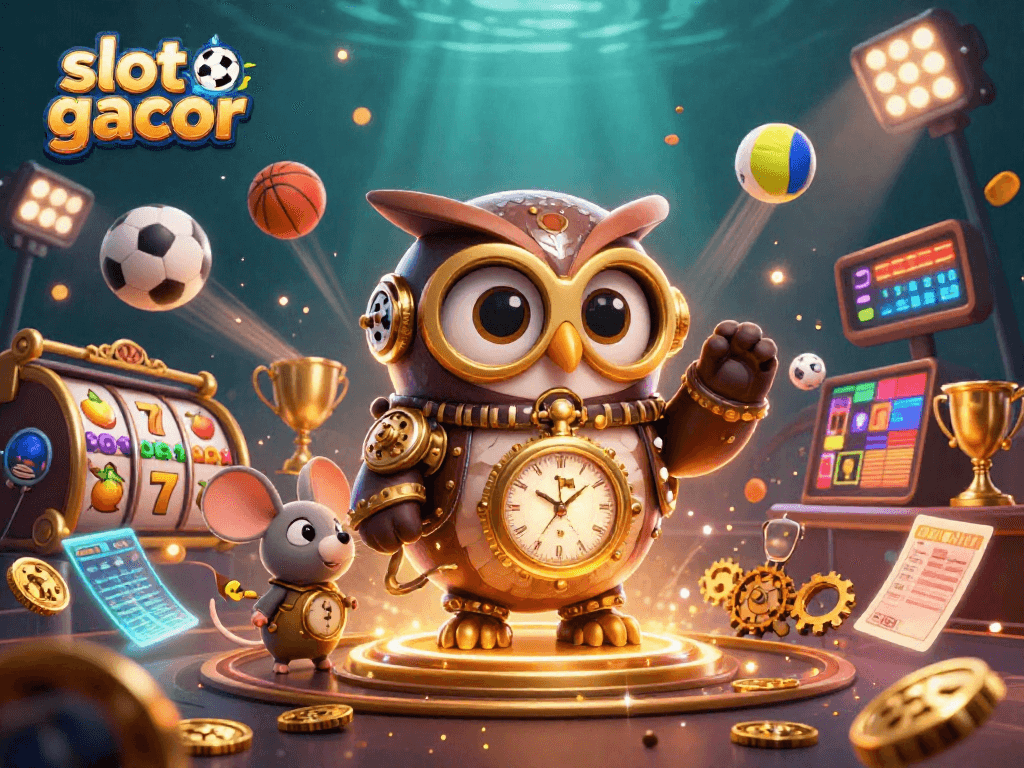 Ilustrasi 3D slot gacor dengan karakter burung hantu dan mouse, dikelilingi elemen kasino berwarna emas.
