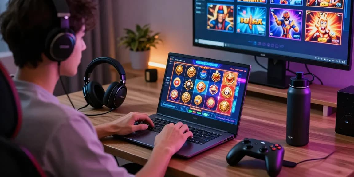Engaging in thrilling slot pulsa games on a sleek laptop in a modern home office setting.