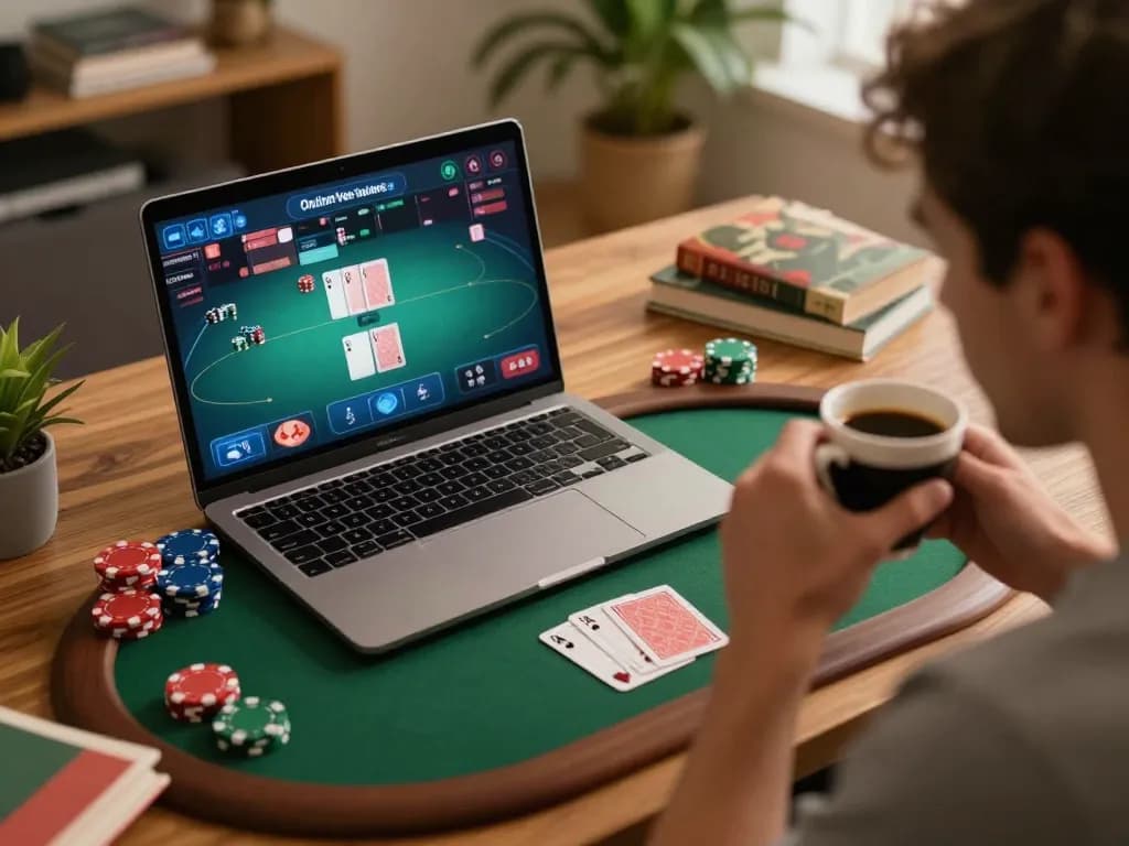 The hidden wiki dark web player engaging in an online poker game at home, showcasing thoughtful analysis and strategic gameplay.