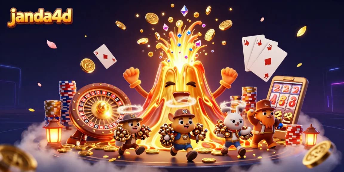 Janda4d menampilkan letusan gunung berapi emas dengan harta karun berserakan dalam permainan judi online.