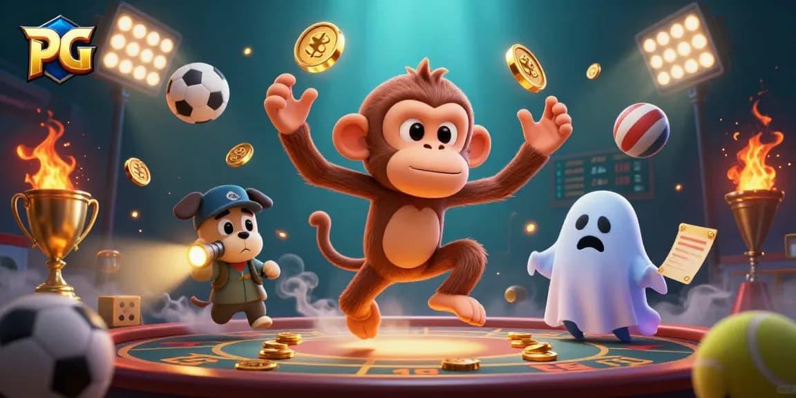 Engage with pg-themed gambling fun as a poltergeist monkey juggles coins and cards in a haunted casino.