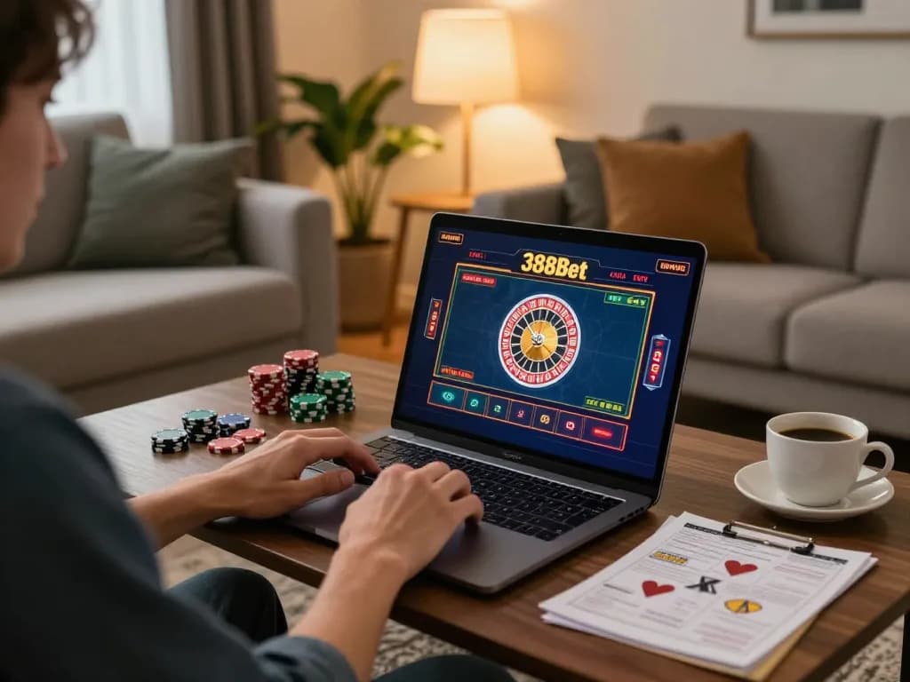 Engaging in a strategic roulette game at 388bet online casino on a laptop, cozy home setting.
