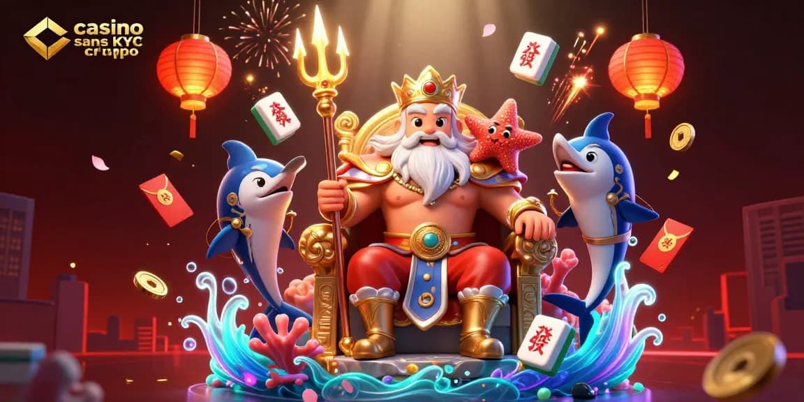 Élément visuel illustrant un casino sans KYC crypto, avec Neptune entouré de pièces et lanternes.