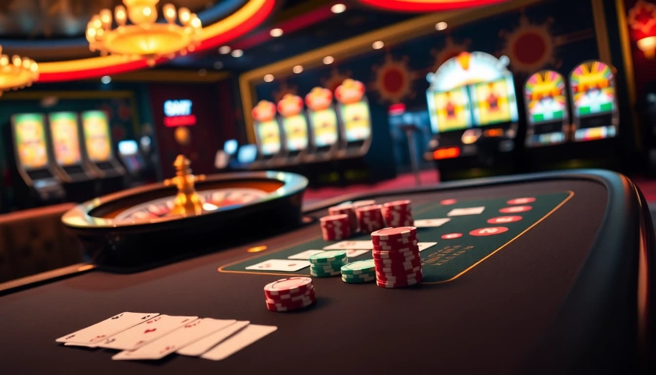 Scène de poker visuellement époustouflante sur un site de casino en ligne avec des couleurs vives et un aménagement professionnel.
