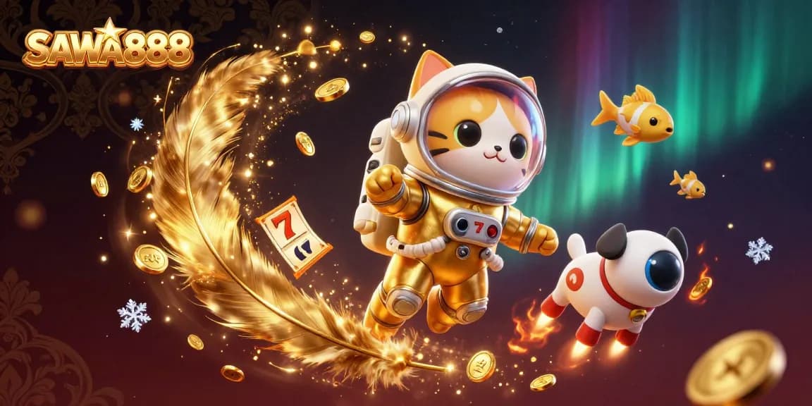Engage with SAWA888's thrilling slots scene featuring a golden astronaut cat and robot dog amidst vibrant cosmic elements.