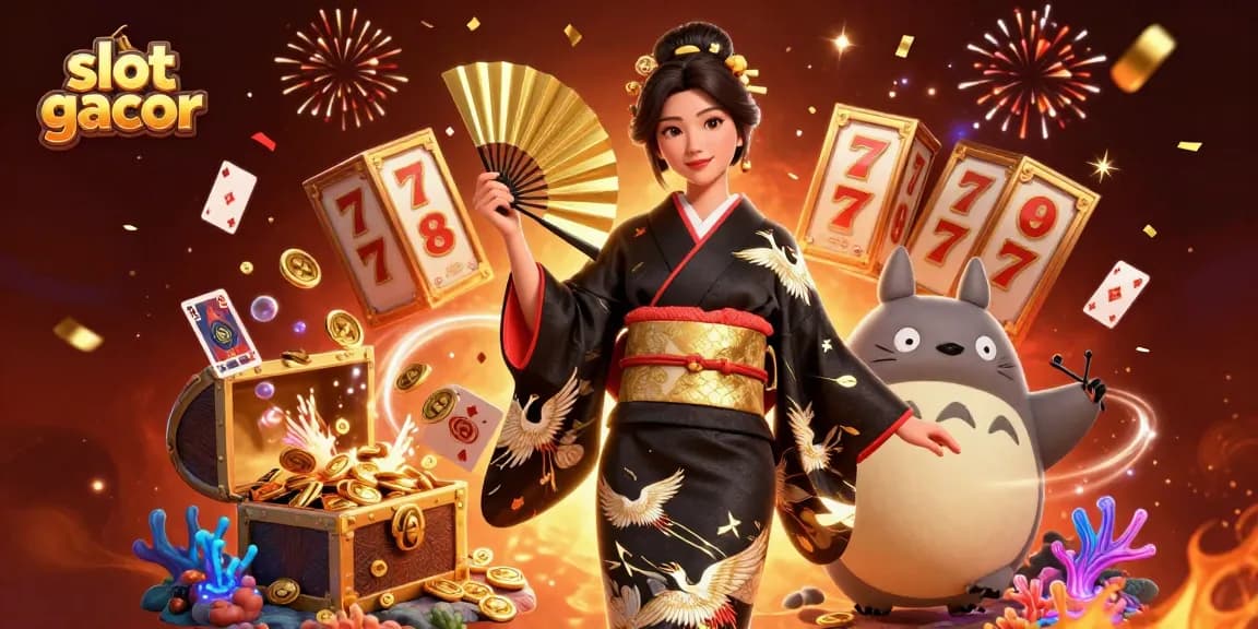 Experience the thrill of slot gacor with a stunning 3D illustration of an Asian woman and a playful tanuki