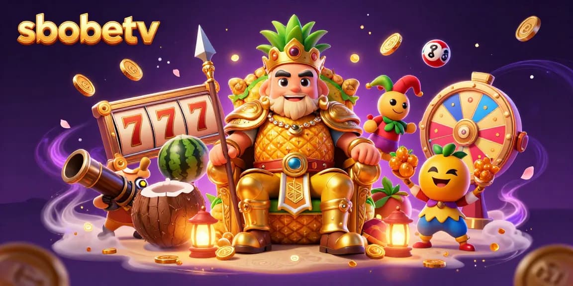 Engage with sbobetv in a vibrant casino experience featuring a golden pineapple king and exciting game elements.