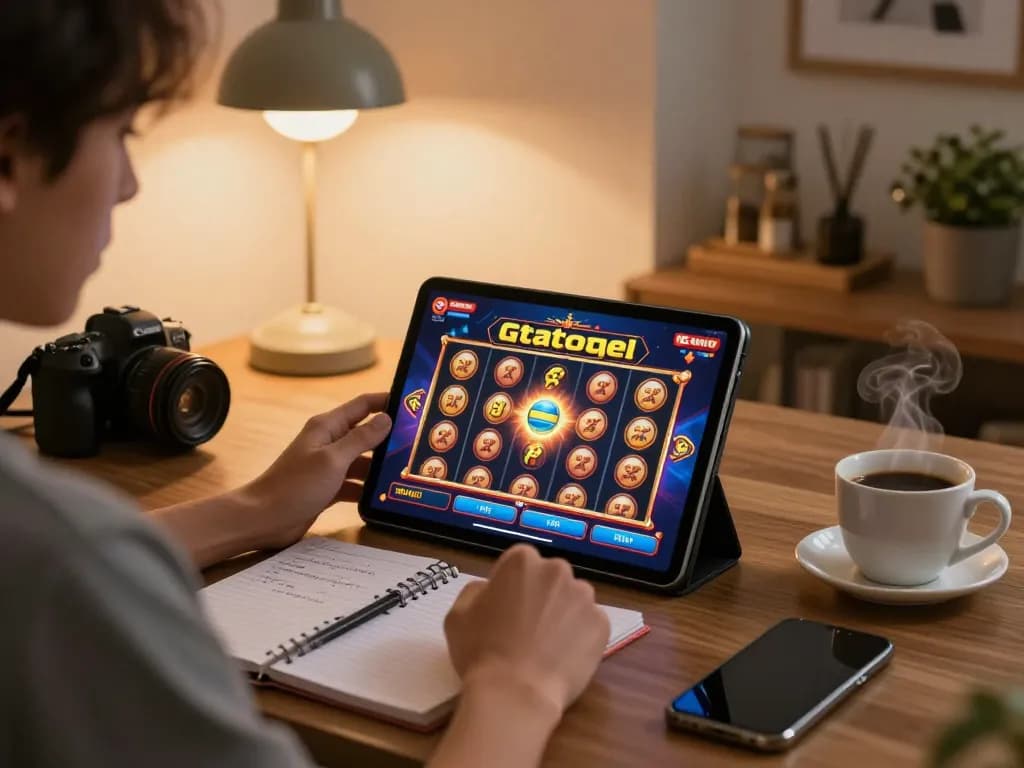 Engaged player enjoying gtatogel slots at home, surrounded by betting notes and a warm atmosphere.