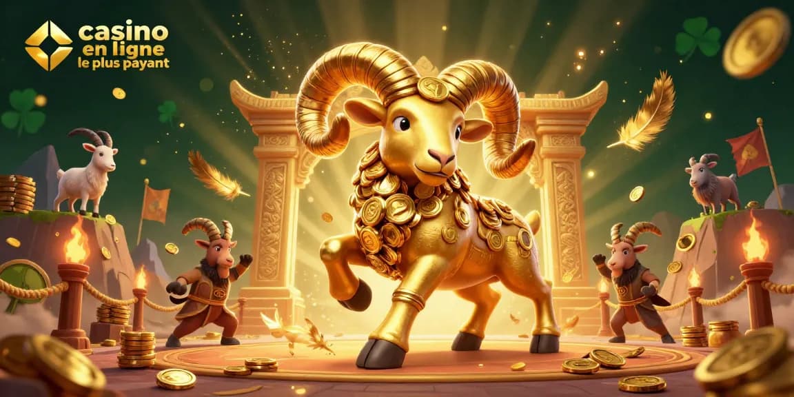 Visuel captivant de casino en ligne le plus payant avec un bélier doré, jetons et effets de lumière.