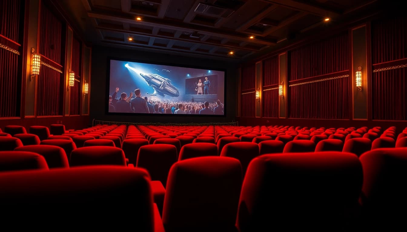 ดูหนังฟรี ในโรงภาพยนตร์สวยงามพร้อมที่นั่งสีแดงและจอขนาดใหญ่