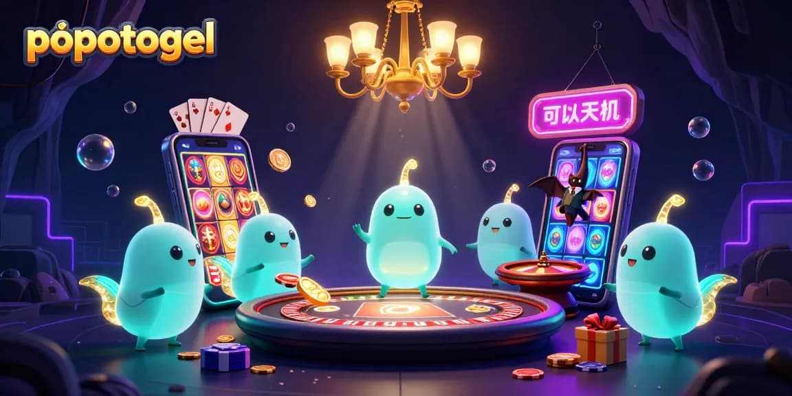 Spin the reels with popotogel in this vivid 3D casino scene featuring dynamic game elements and glowing characters.