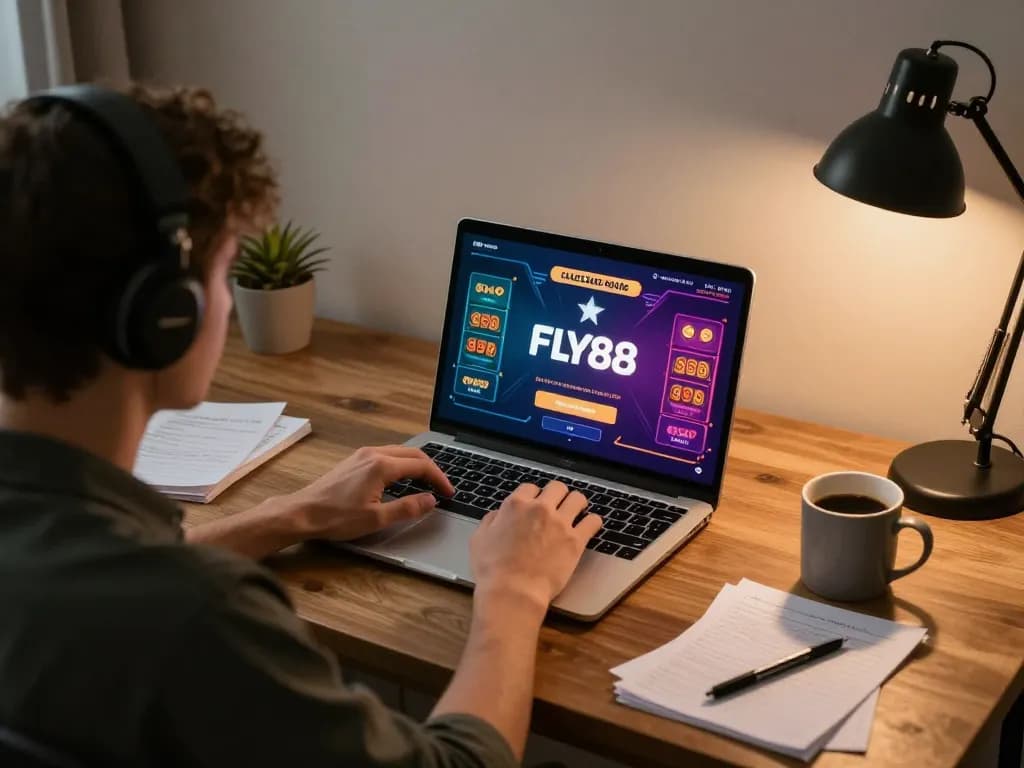 Enjoying fly88 đăng nhập on a cozy home gaming setup, laptop displaying vibrant casino games