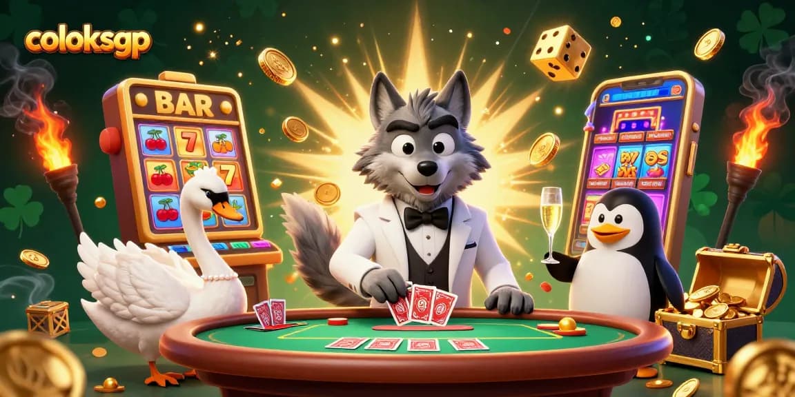 Experience thrilling coloksgp action with a debonair wolf, elegant swan, and sophisticated penguin in a vibrant casino scene.