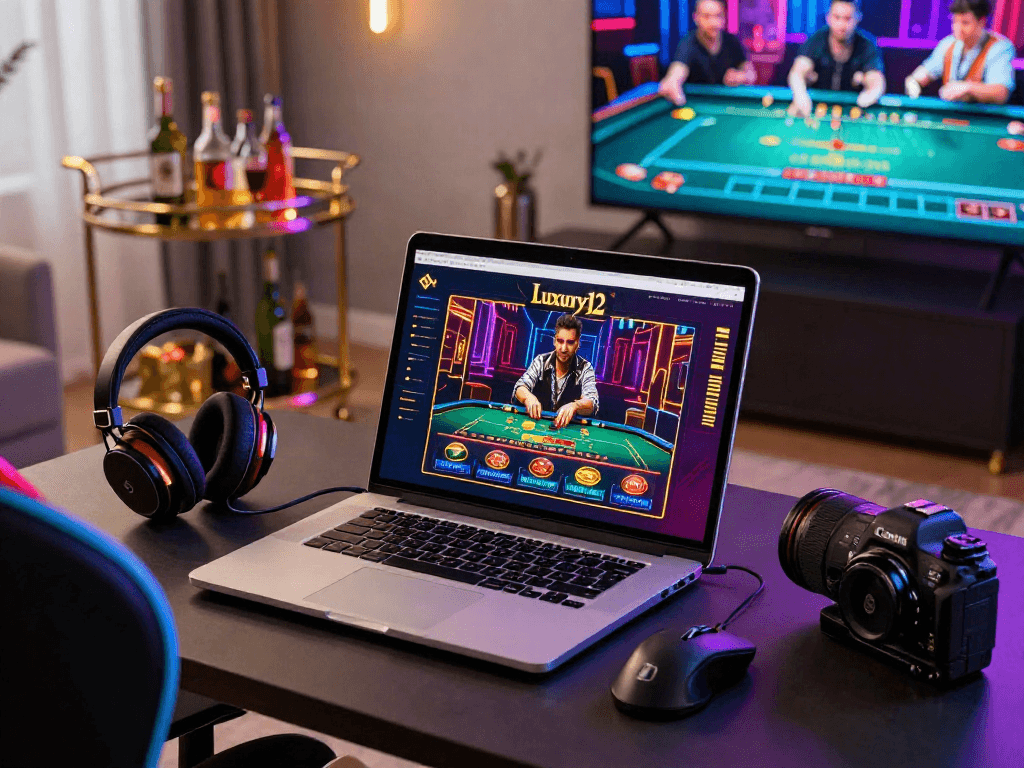 Menampilkan pengalaman bermain di Luxury12 dengan perangkat lunak kasino online mewah di ruang tamu modern.