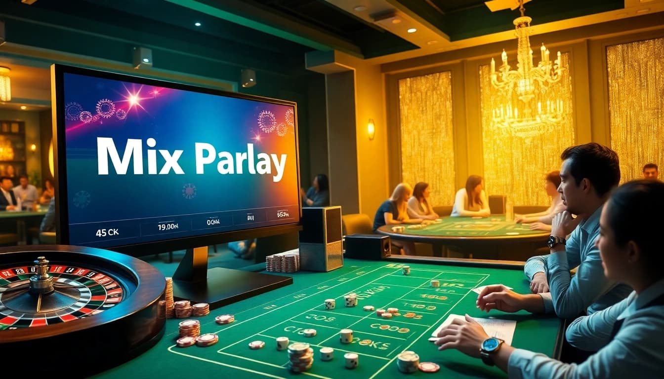 A dynamic online betting scene featuring Mix Parlay options on a sleek interface surrounded by poker chips and dice.