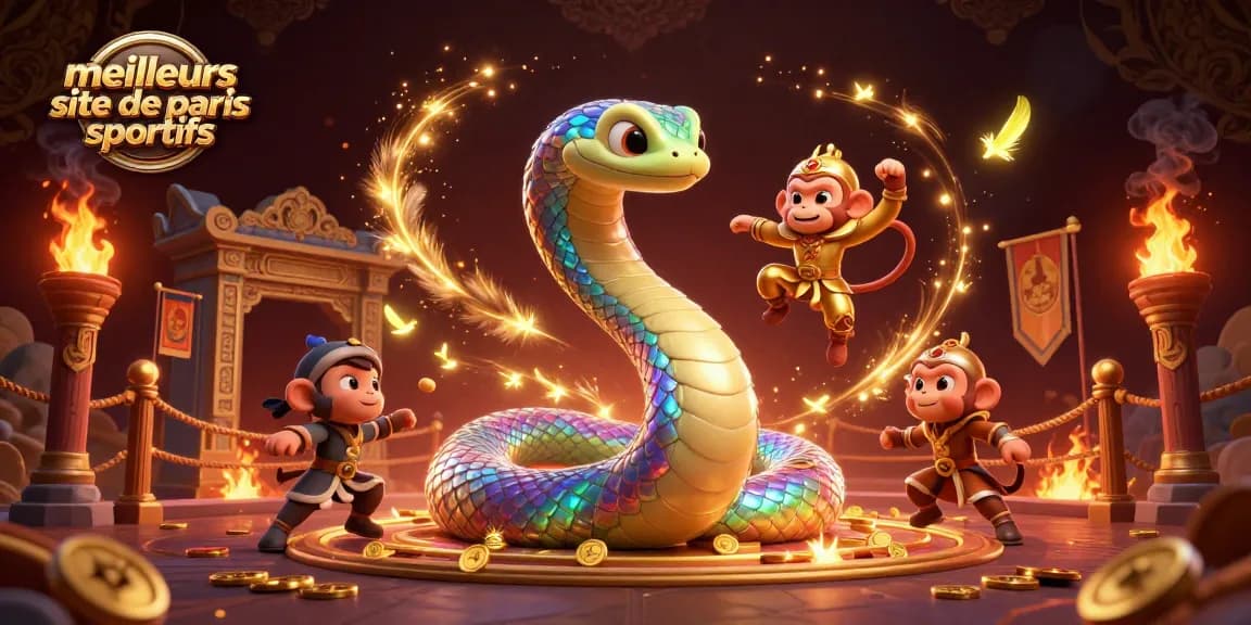 Les meilleurs sites de paris sportifs présentent un serpent arc-en-ciel et un roi singe animés dans une illustration captivante.