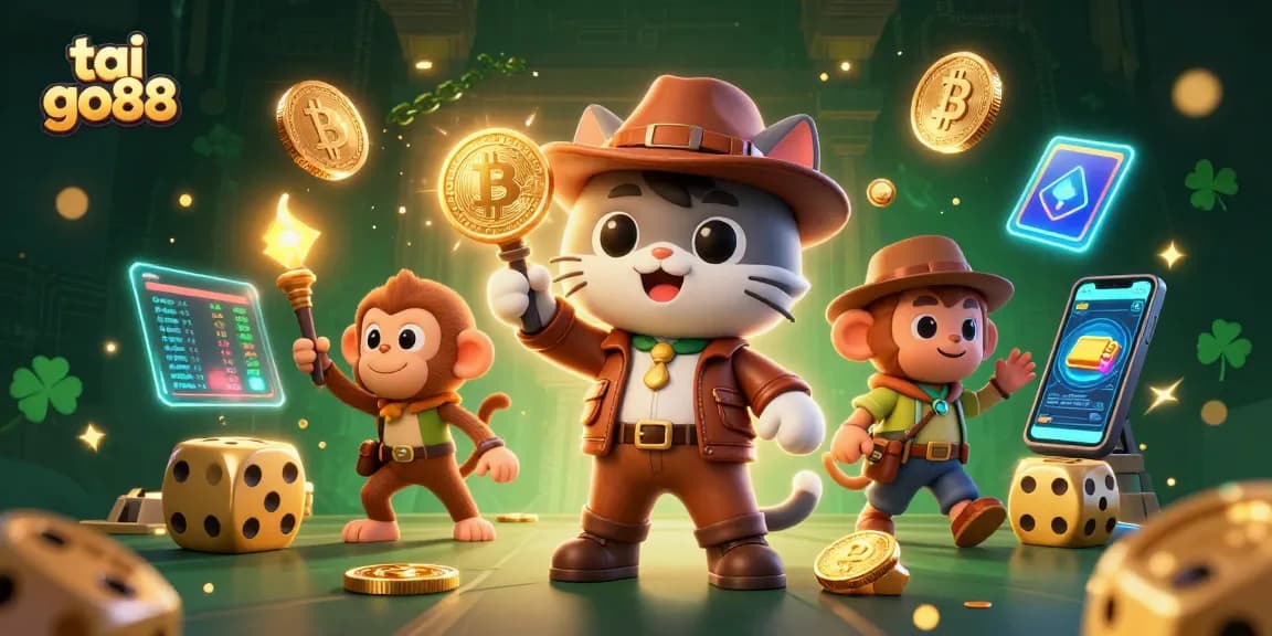 Engage in thrilling moments with tai go88 as a cat archaeologist discovers treasures amid vibrant casino elements.