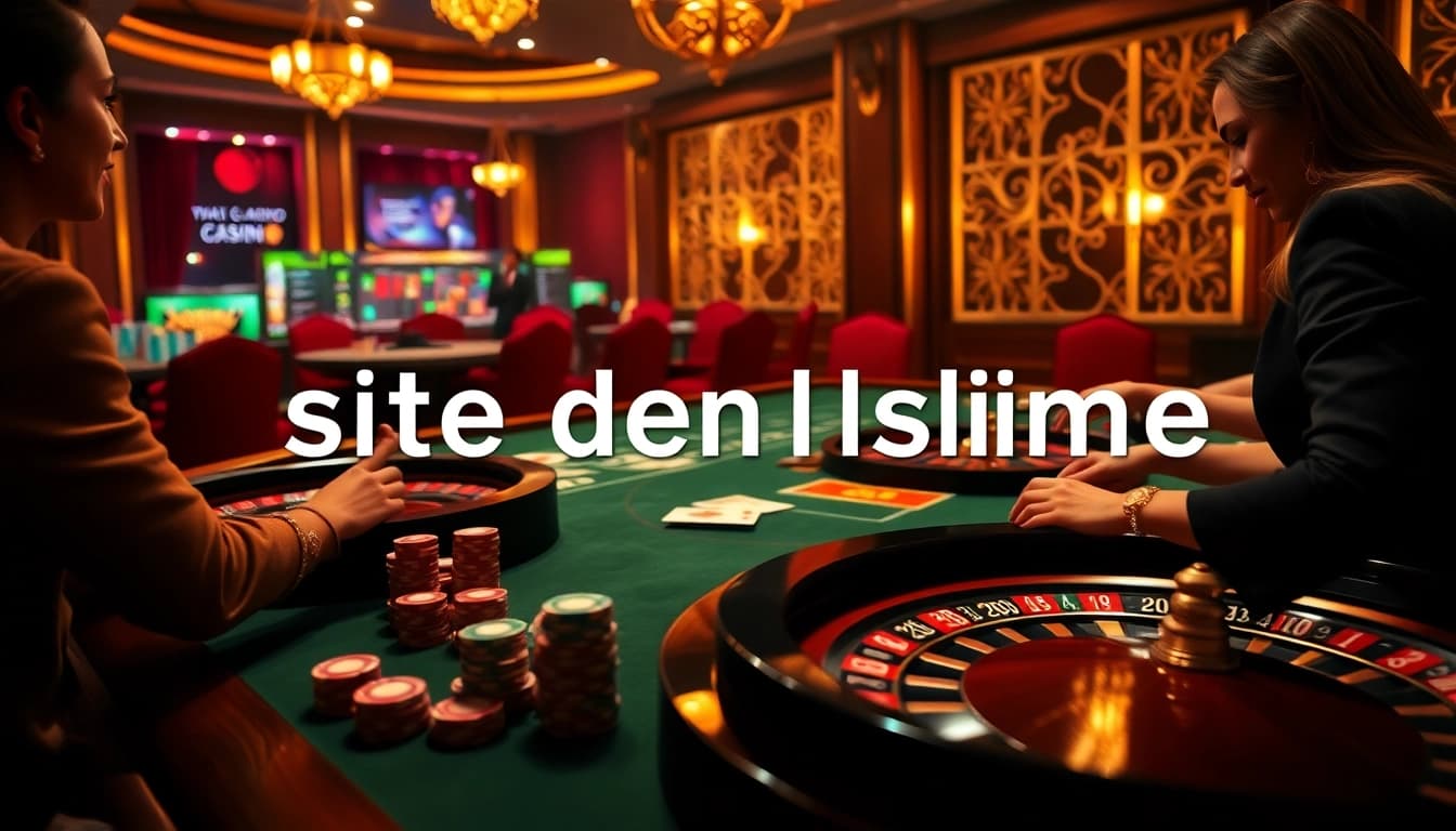 Vivez l'excitation d'un site de casino en ligne avec une table de jeu luxueuse et des joueurs captivés.