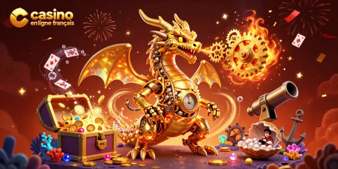 Plongez dans l'univers du casino en ligne francais avec un dragon mécanique doré et des éléments de jeu captivants.