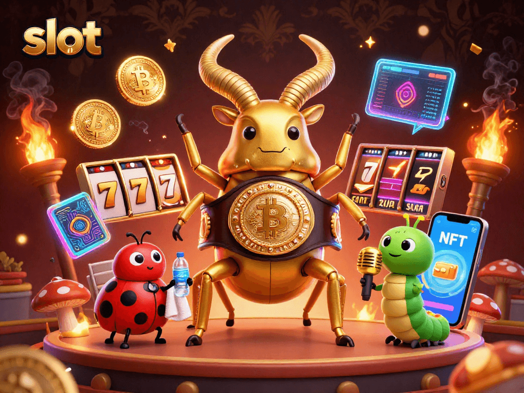 Spin slots with a giant stag beetle boxing champ surrounded by crypto coins and vibrant gaming elements.
