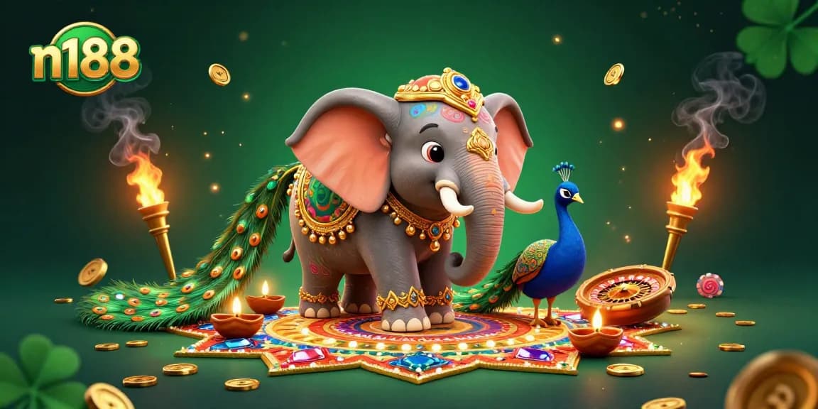 N188 captivates with vibrant casino elements and rich colors, featuring a 3D elephant and roulette.