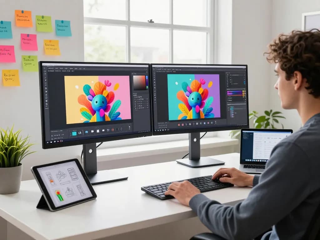Designer working with nano banana pro AI image editor at a vibrant digital workspace.