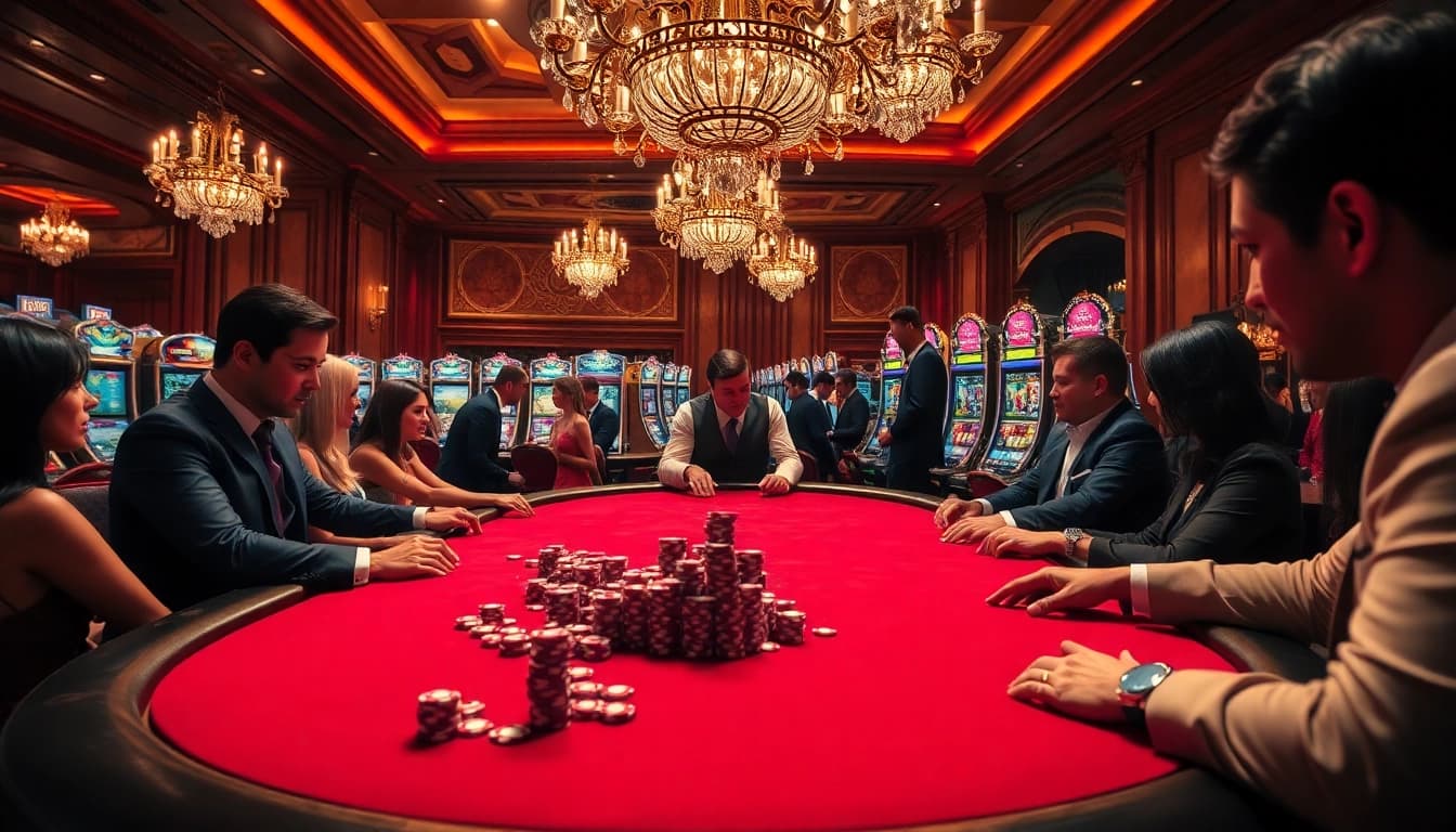 Excitation sur un site de casino en ligne avec des joueurs à une table de poker et des machines à sous vibrantes.