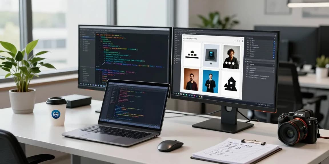 AI detector analysis in a tech workspace showing algorithms, monitors, and image uploads.
