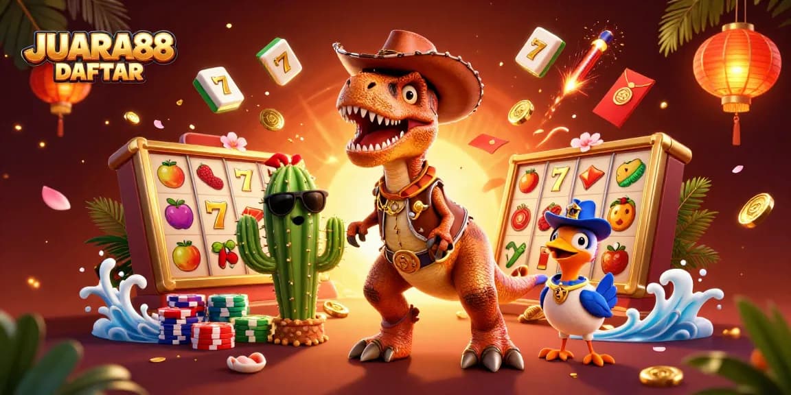 Engage with JUARA88 DAFTAR for thrilling slot game adventures and jackpot wins in a vibrant casino illustration.