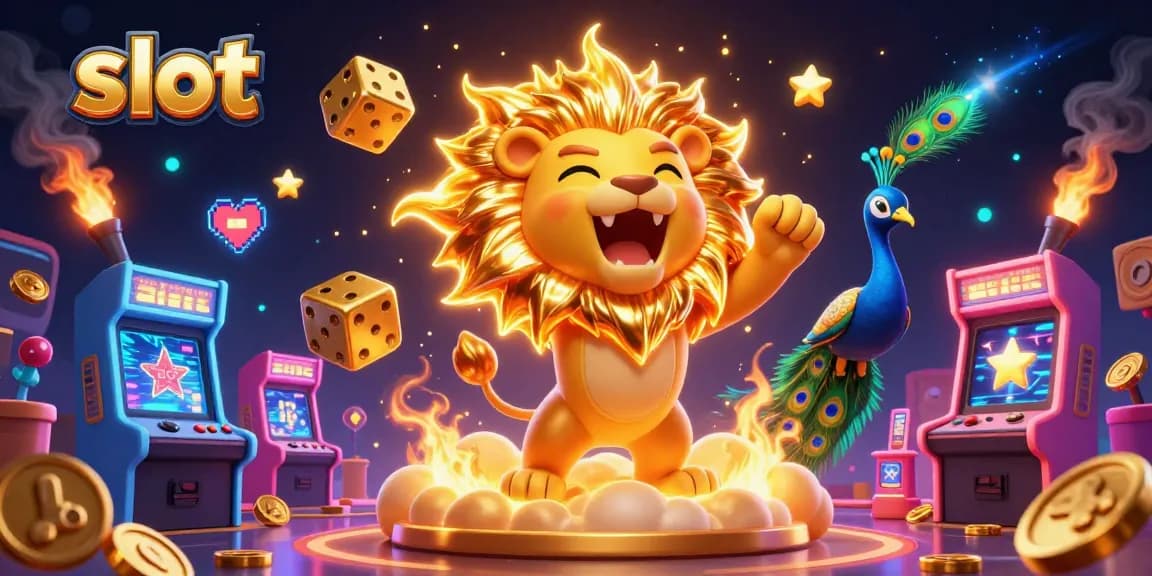 Spin bright slots with a roaring lion and golden dice in a vibrant casino scene.