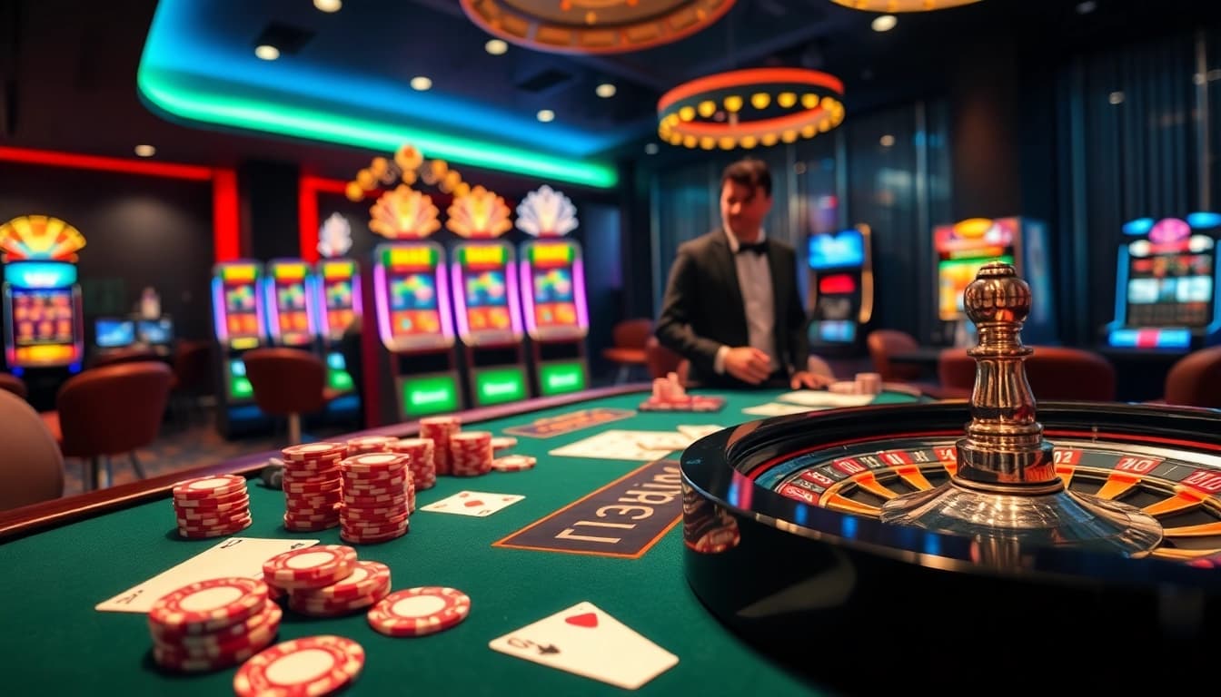 Exciting casino scene featuring Thabet77 poker chips and roulette wheel in a glamorous setting.