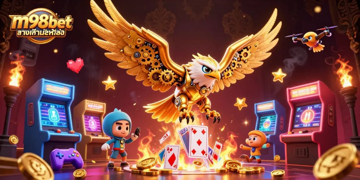 เล่น m98bet ทางเข้ามือถือ ด้วยนกอินทรีทองคำและการ์ดเล่นที่ลอยอยู่ในอากาศ
