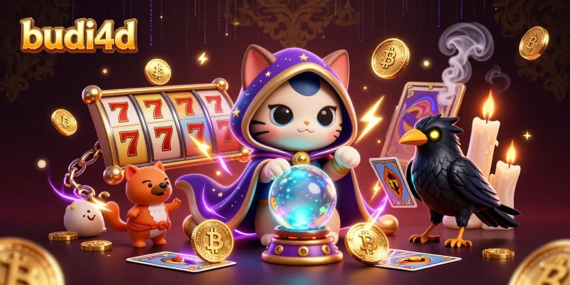 Budi4d engages players with vibrant 3D slot scene featuring mystic fortune teller cat and tarot raven.